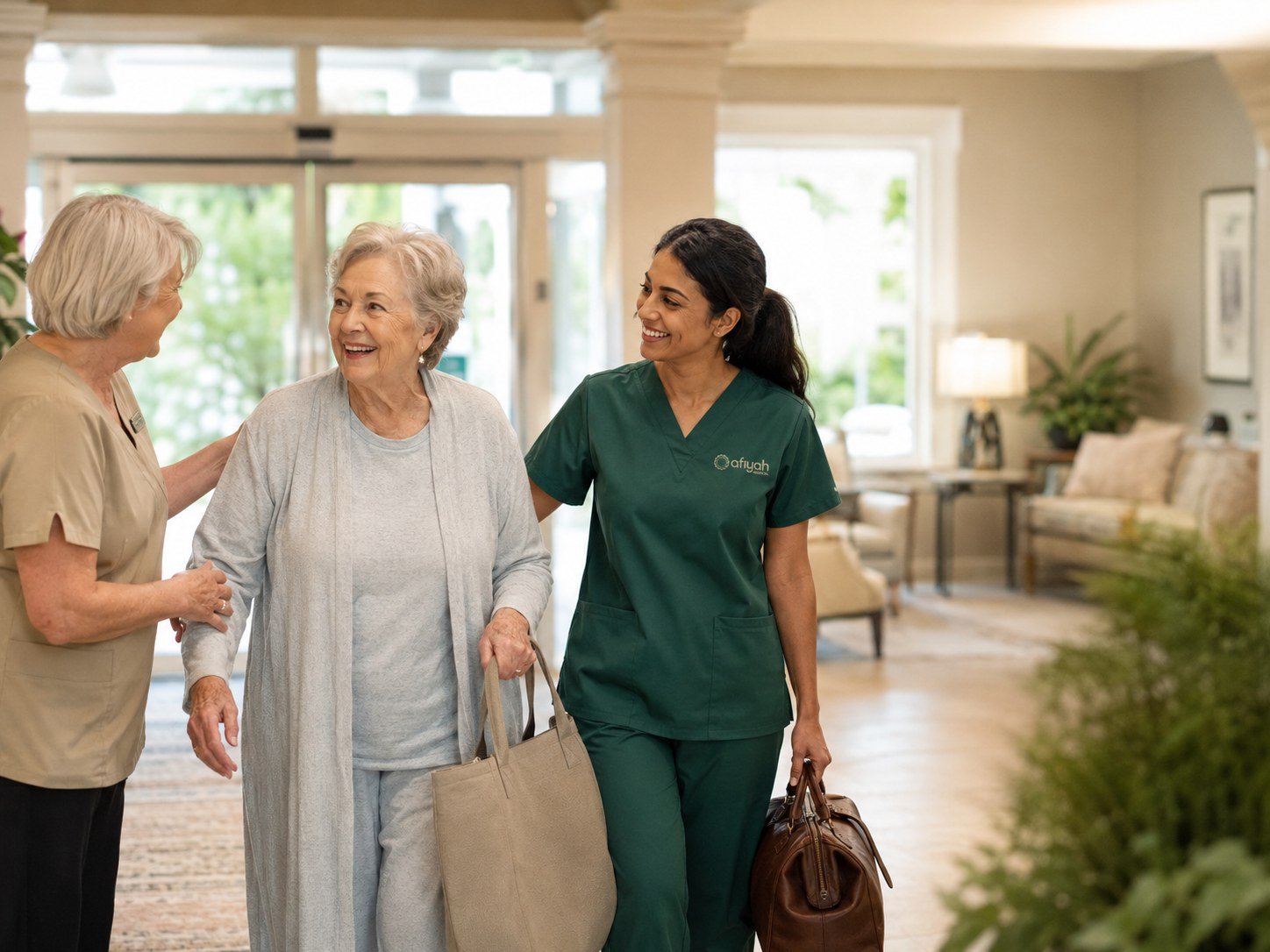A resident welcomed back to her assisted living community with an Afiyah clinician