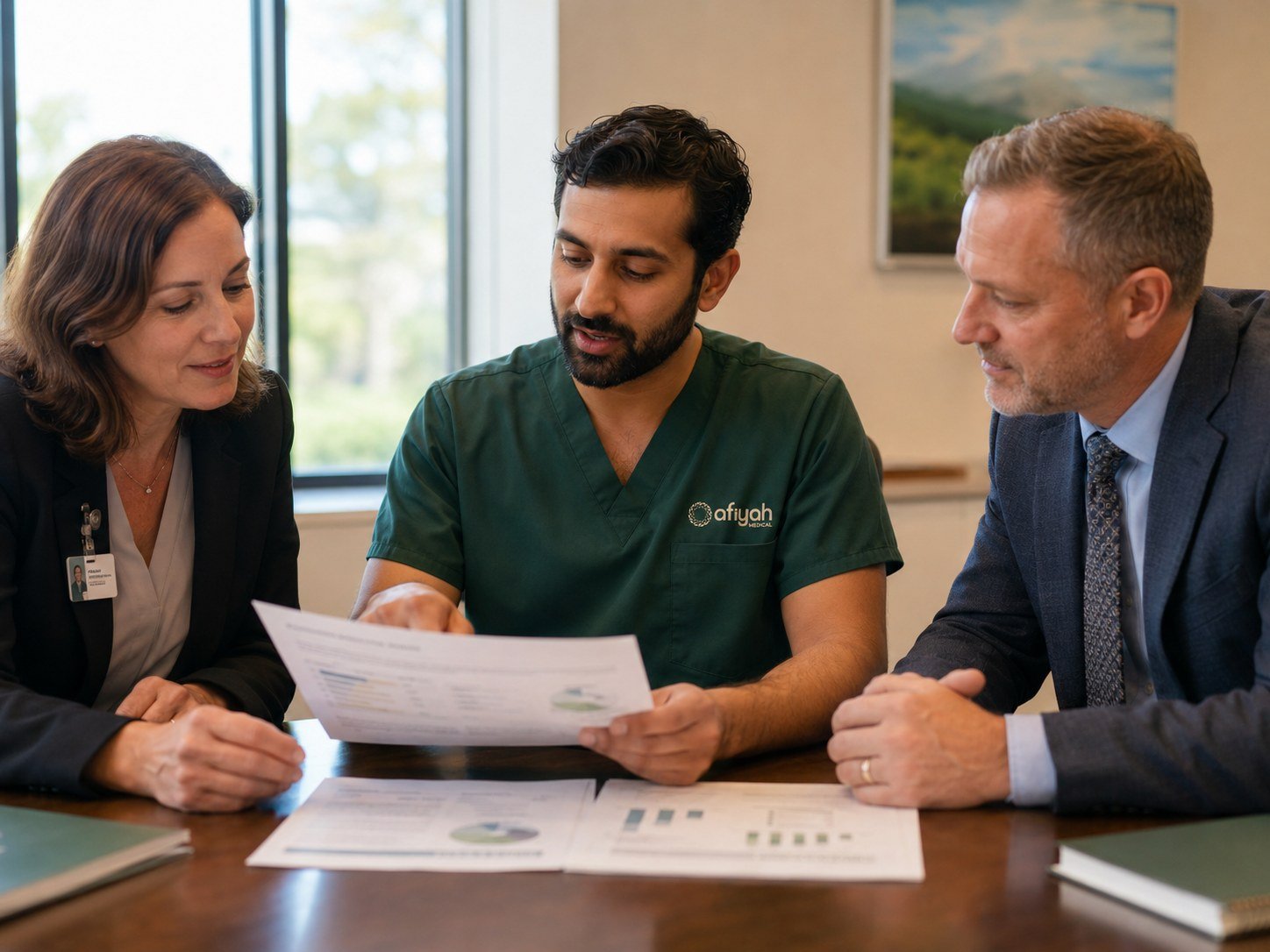 An Afiyah physician reviewing a monthly outcomes report with facility administrators