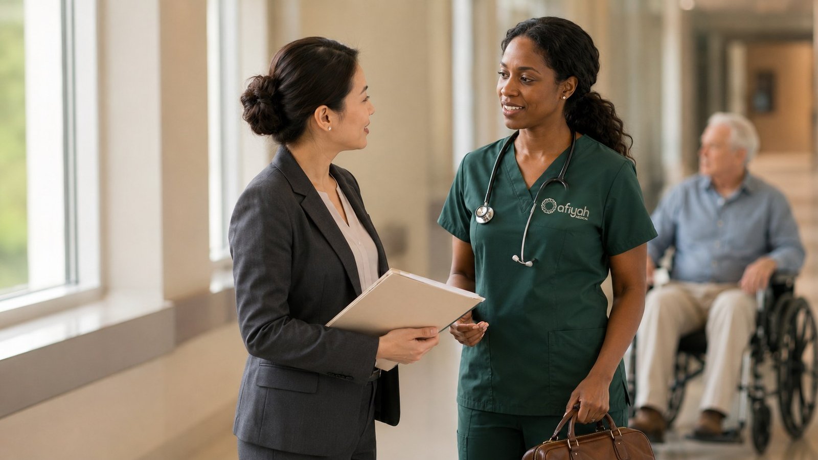 An Afiyah clinician taking a discharge handoff from a hospital discharge planner