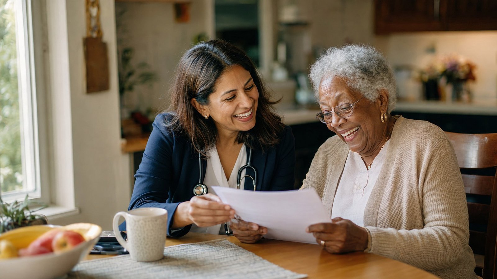 An Afiyah clinician sharing a laugh with a patient at her kitchen table