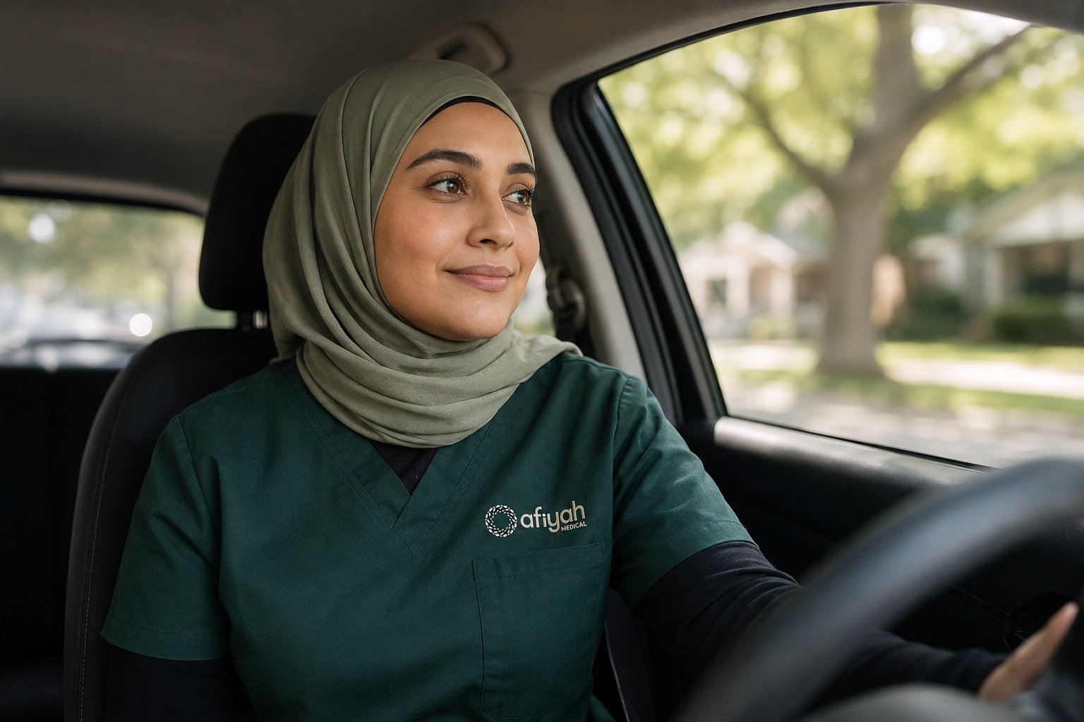 An Afiyah clinician driving between home visits