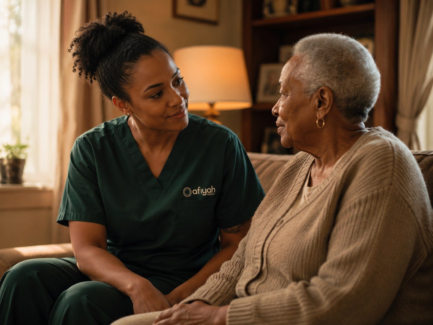An Afiyah clinician sitting with a patient at home